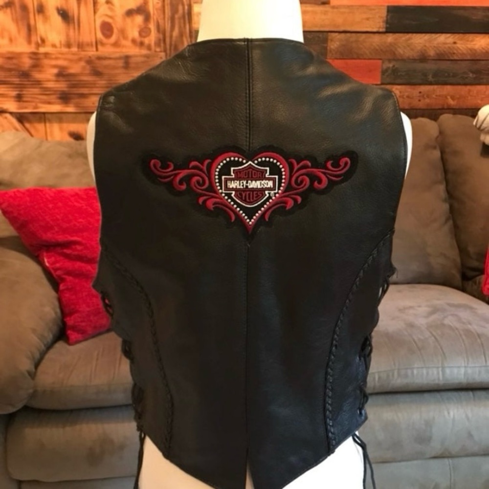 Unik Black Leather Vest with Red Harley Davidson Heart Patch